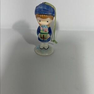 Little Boy with Gifts Blue and White Ceramic Ornament-1976 Japan